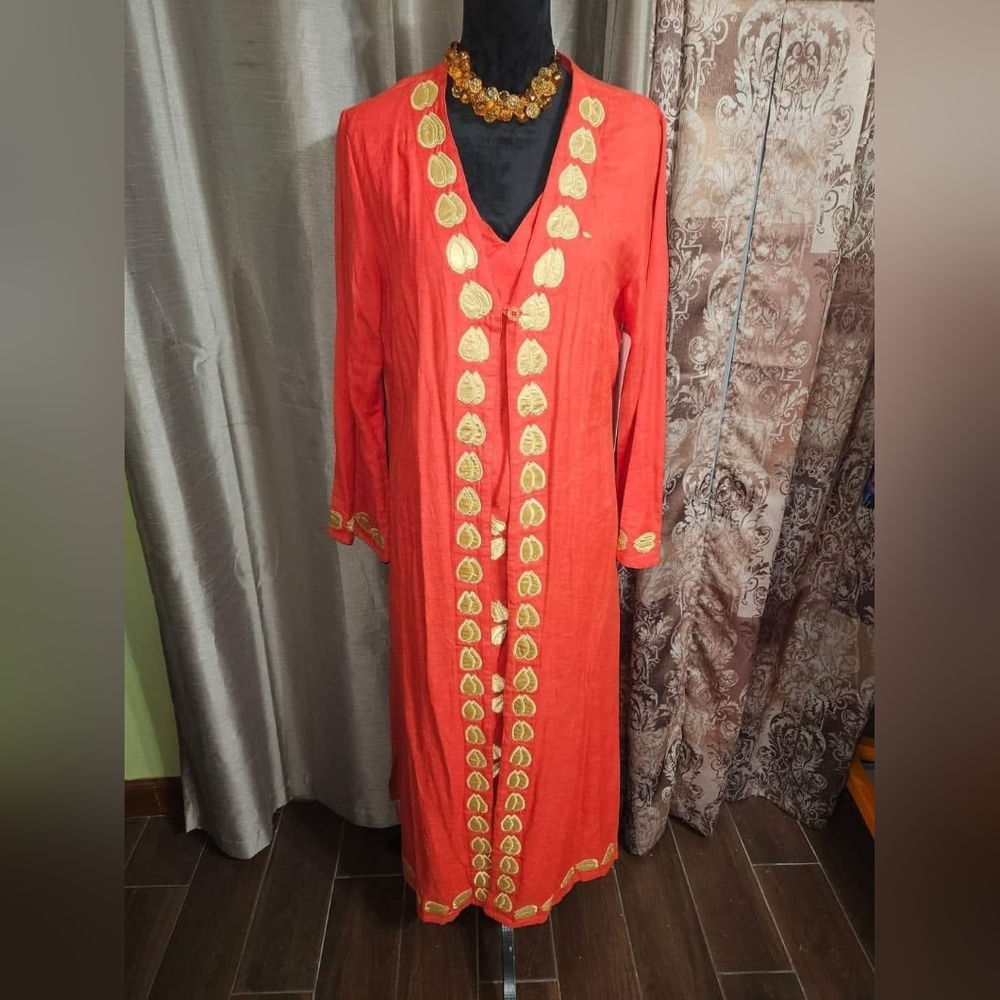 Ashro Vibrant Orange Long Embroidered Tunic Dress with Gold Accents